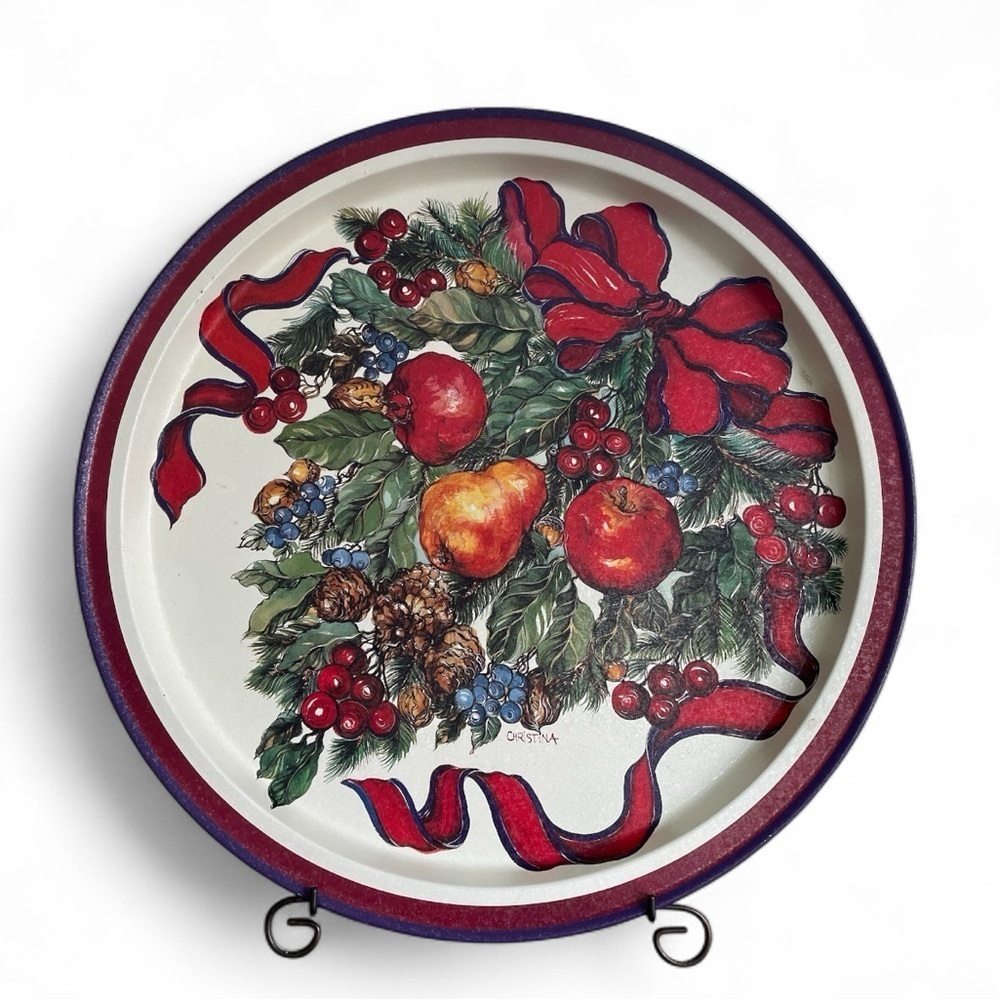 Vintage metal tray, Della Robbia style, fruit and ribbon, no scratches on front